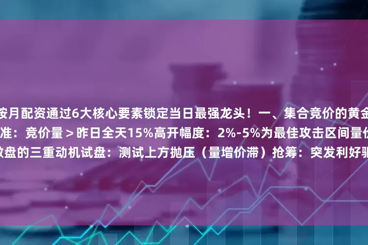 按月配资通过6大核心要素锁定当日最强龙头！一、集合竞价的黄金密码量能异动的市场含义爆量标准：竞价量＞昨日全天15%高开幅度：2%-5%为最佳攻击区间量价背离：高开低量=诱多陷阱主力做盘的三重动机试盘：测试上方抛压（量增价滞）抢筹：突发利好驱动（量价齐升）诱多：掩护出货（量虚价高）关键时间节点9:15-9:20 虚假申报阶段（可撤单）9:20-9:25 真实博弈阶段（不可撤单）9:25-9:30 隔